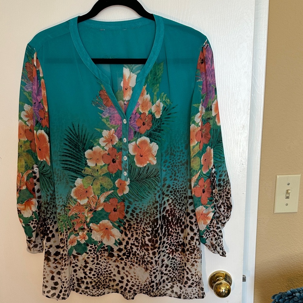 Soft Surroundings gorgeous teal sheer blouse